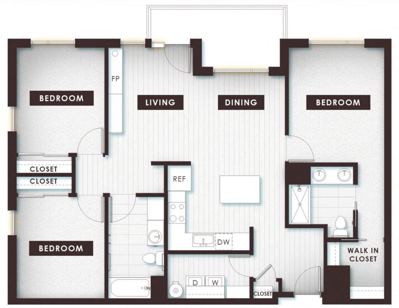 Floor plan for 3 beds, 2 baths, 1330 sqft